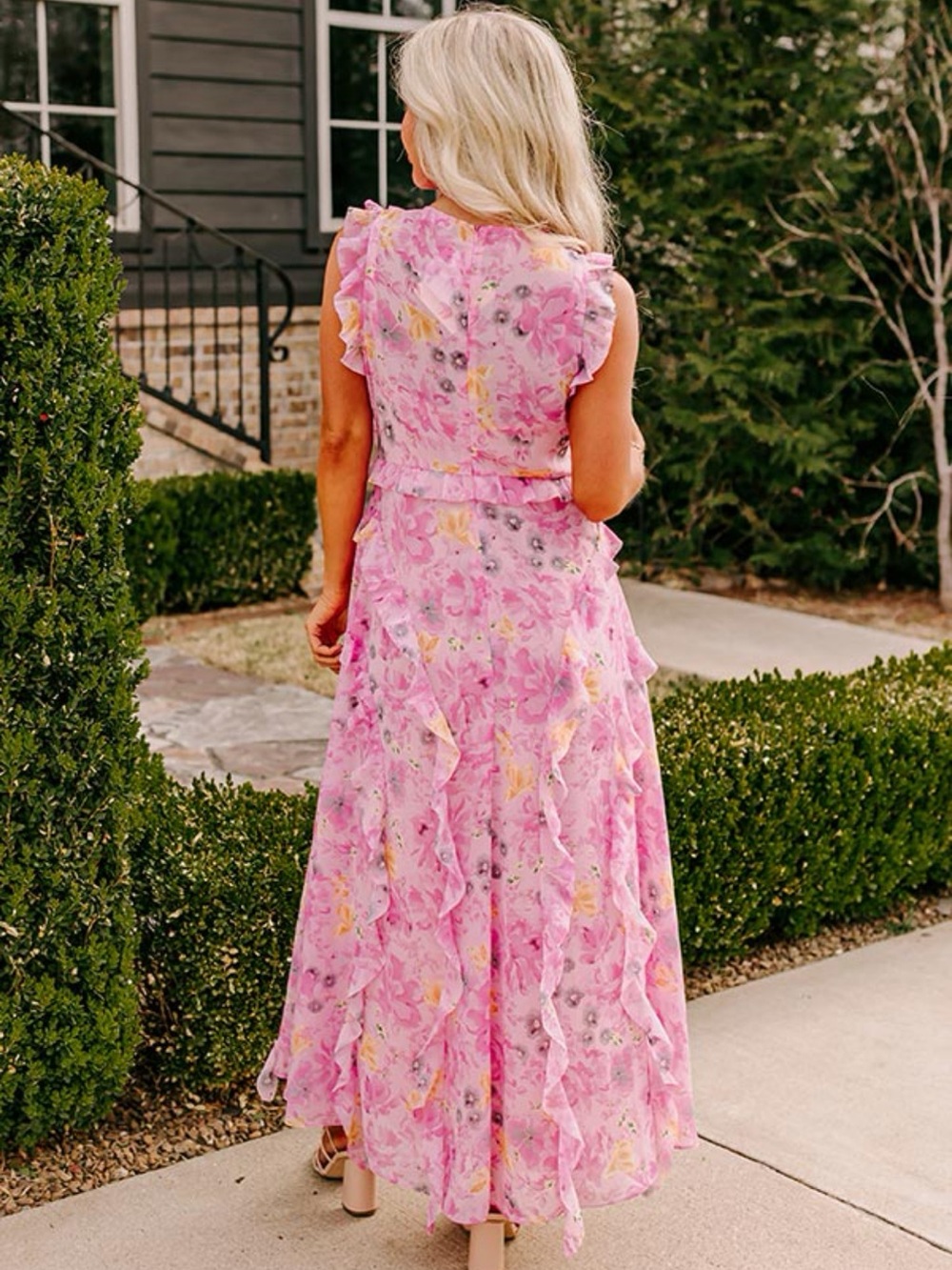 Pink Floral Ruffle Maxi Dress - Elegant Summer or Spring Style - Picture 3 of 8
